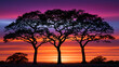 © Nick Freund - Silhouette dreier Bäume steht vor violett-orangem Sonnenuntergang in Savanne