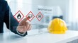 © Pinit - Professional reviewing Safety Data Sheet hazard symbols on a transparent interface near a hard hat.