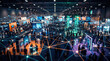 © remake - Busy technology exhibition inside a large convention hall with connected network nodes linking booths and attendees. Modern business expo event with digital connection lines across the trade fair