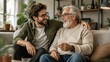 © Formoney - Young man sharing laugh with elderly father at home