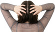 © Benjamin - Overhead view of a person's hands gently massaging their scalp through dark brown hair wearing a sheer gray long sleeved top scalp massage hair care self care relaxation stress relief