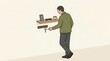© felipe - Man Preparing for Departure: A man in casual attire reaches for his keys, standing near a wall shelf holding everyday essentials like a phone, glasses, and a mug.
