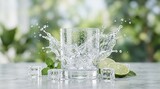 Refreshing water splash in glass with ice and lime outdoors