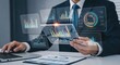 © Md - Businessman analyzing data on tablet with virtual graphs and charts suit laptop