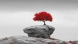 © wilson - Minimalist surreal landscape with vivid red autumn tree growing alone on big gray rock against empty pale foggy gray sky uses selective red color to highlight nature beauty