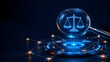 © Aish-Studio - Futuristic magnifying glass projecting glowing blue scales of justice over digital network representing cyber law and online legal security