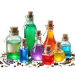 © ResmaStudio - Colorful glass bottles with potion labels on white background Transparent background