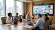 © Antoni - Diverse team collaborating in modern boardroom with video conference on screen