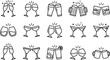 © HADI INCREDIBLE - Cheers icon set in a simple outline style including champagne, juice, soda, cocktail and bavarge glasses clinking together.
