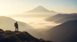 © saruntron - Lone Hiker Looking at Distant Mountain Peak Sunrise Golden Fog Valley Introspection Nature
