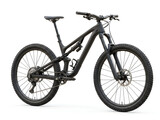 Modern matte black mountain bike with full suspension, professional carbon fiber trail bicycle on white background, high-end downhill mtb gear