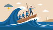© Ahsan - Courage survive, challenge or risk taker concept, businessman captain point finger to lead team sailing boat to survive big wave storm