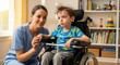© MMerellinn - Spinal muscular atrophy: caregiver support, wheelchair boy, infantile disability, genetic disease, nurse helper, physical therapy, motor neuron, medical assistance, child patient.