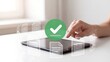 © NK - Document approval and paperless management concept, hand touching tablet with document icons circling screen and green checkmark, digital paperwork done, online form verification and office workflow