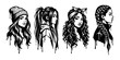 © Shalu - Graffiti girls long hair style set featuring beautiful female character portraits with diverse trendy hairstyles line sketches on white background