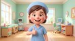 © YUAN DESIGN - Cheerful nurse in a bright pediatric hospital room.