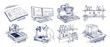 © Dinali - Science lab research sketch illustrations of biotechnology equipment, DNA analysis, pipettes, and chemistry glassware on white background for educational biology and clinical medical concepts.