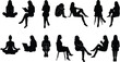 © Sumona - Sitting women vector silhouettes set featuring diverse female poses meditating working reading and relaxing isolated on white background.