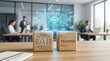 © Gophotograph - Wooden blocks representing AI training with a futuristic digital network hologram in a corporate office.