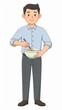 © Axis - Confident young man in smart casual attire mixing ingredients in a bowl while standing against a plain background