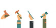 © Khairul - Vector illustration of diverse human hands raised holding different profession items including laboratory flask hammer digital tablet and glowing flashlight