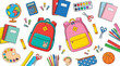 © PrimePixel Studio - Bright colorful school supplies featuring two backpacks surrounded by various stationery items on a flat background