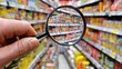 © Oleksandr - Close-up of a human hand holding a magnifying glass, examining products on a blurred supermarket shelf with a focus on selection and detail