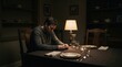 © Mohammad Ali - Man sitting alone at wooden table with candlelight in dimly lit room photography