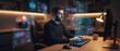 © itlada - AI developer programming neural networks on futuristic holographic screens in a dark home office, featuring glowing blue data interfaces for machine learning software development and vibe coding