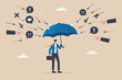 © Parul - Handle business criticism or negative feedback, manage boss blame, pressure, failure or mistake ashamed concept, confidence businessman hold strong umbrella protect from negative feedback criticism