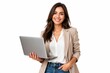 © mila103 - A woman stands with a laptop in one hand and a hand in her pocket. She is wearing a blouse and a blazer. She looks happy and confident in this moment.