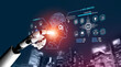 © InfiniteFlow - Futuristic Robotic Hand Touching AI Data Concepts with Cityscape Background in High-Tech Digital Environment for Innovation and Technology Themes Fluxor.