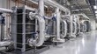 © DigitalSpace - Medium shot focusing on a network of heat recovery systems connected by insulated piping illustrating sustainable energy use in a hightech fab utilities corridor environment.
