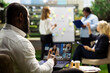© DC Studio - A businessperson joins a video call for remote collaboration, attending a virtual presentation and meeting with coworkers during modern outdoor work in a business setting for project communication.