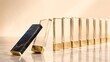 © Ridwan_DigitalGrid - Luxury dark blue marble domino with gold veins pushing clear glass dominoes on a bright marble surface representing elegant business strategy