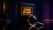 © Ridwan_DigitalGrid - Thick black leather book with glowing neon orange case study text on cover next to a magnifying glass for business research