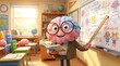 © Harjo - Happy Cartoon Brain Teacher Explaining Math Lesson on Whiteboard