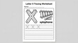 © Siapa - Letter X tracing worksheet with xylophone illustration. Educational black and white printable for kids learning alphabet, phonics, and writing practice.