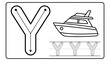 © Siapa - Letter Y tracing worksheet with yacht illustration. Clean black and white design for kids practicing alphabet writing, phonics, and early education skills.