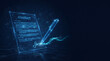 © RayenAI Studio - Glowing blue digital contract with electronic signature and pen on dark background