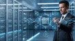 © Infinite Views - Businessman managing cloud computing data storage in modern server room, digital file organization and artificial intelligence network security technology concept for enterprise...