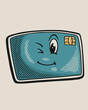 © Galih - Close-up winking cartoon computer monitor mascot with teal halftone screen, smiling face, small chip detail, bold outline, and beige background in retro vector style