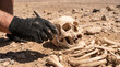 © Ankit - Archaeologist uncovering ancient human skeleton in desert excavation. Scientist carefully brushing sand off fossilized remains at dig site.