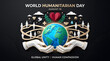 © Harun - World humanitarian day celebration with globe held in hands and global unity icons on black background
