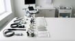 © VectPalette - sterile ultrasound probes accessories and diagnostic supplies arranged on clean medical workstation inside modern imaging examination room