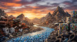 © Anastasiya - Mountain valley filled with scrap cars tires plastic bottles river of waste at sunset showing pollution crisis environmental damage climate warning for cleanup advocacy visual story