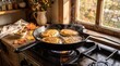 © white mouse - Traditional homemade pancakes cooking.  autumn breakfast pancakes. cooking pancakes close up. home country kitchen. frying pancakes in a pan. autumn cooking atmosphere