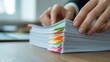 © MSTMAYA - Hands managing a stack of white paper documents with multiple colorful sticky note tabs for indexing on a modern office desk surface