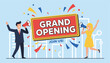 © Imtiaz - Grand opening celebration banner featuring a man and woman holding megaphones with confetti and city background.