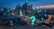 © Inspire Shots Hub - A magnifying glass over a neon question mark against a cityscape at dusk, symbolizing inquiry and investigation, perfect for business or research themes